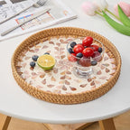 Round Rattan Tray for Home Decor 11.8 inch, Modern and Boho Decor Serving Tray with Mother of Pearl Inlay, Wicker Basket for Coffee Table, Hand Woven Decorative Tray Plates (Gold)