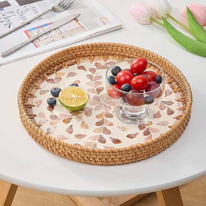 Round Rattan Tray for Home Decor 11.8 inch, Modern and Boho Decor Serving Tray with Mother of Pearl Inlay, Wicker Basket for Coffee Table, Hand Woven Decorative Tray Plates (Gold)