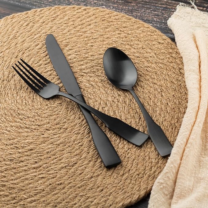 Alata Kate Black Satin 40-Piece Silverware Set, Service for 8, Stainless Steel Flatware Set, Matte Polished Cutlery Set, Dishwasher Safe