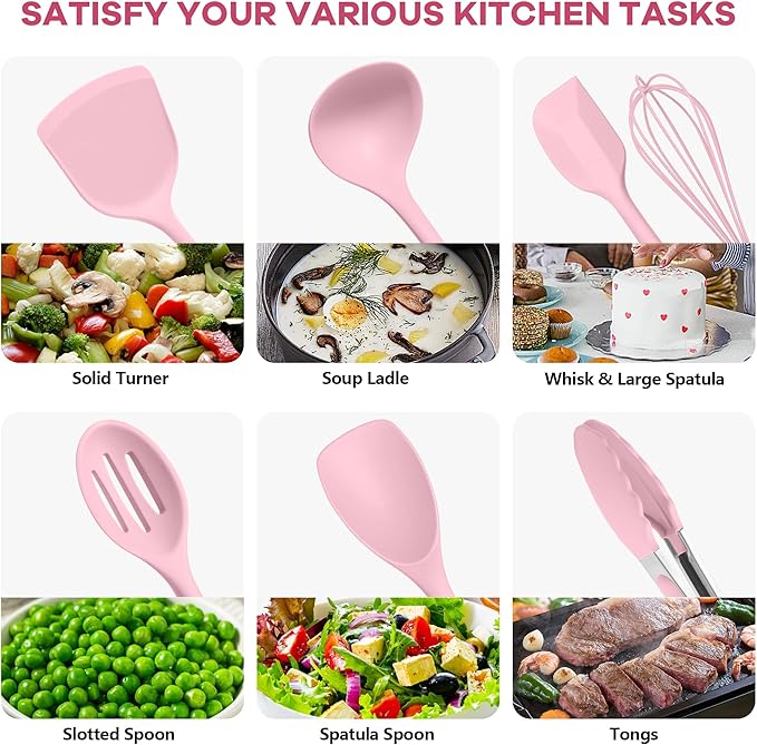 TeamFar Kitchen Cooking Utensils, 10 pcs Silicone Cooking Utensils Set, 446°F Heat Resistant Kitchen Gadgets Tools Set w/Spatula, Turners, Spoons, Soup Ladle, Pasta Server for Nonstick Cookware, Pink