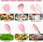 TeamFar Kitchen Cooking Utensils, 10 pcs Silicone Cooking Utensils Set, 446°F Heat Resistant Kitchen Gadgets Tools Set w/Spatula, Turners, Spoons, Soup Ladle, Pasta Server for Nonstick Cookware, Pink