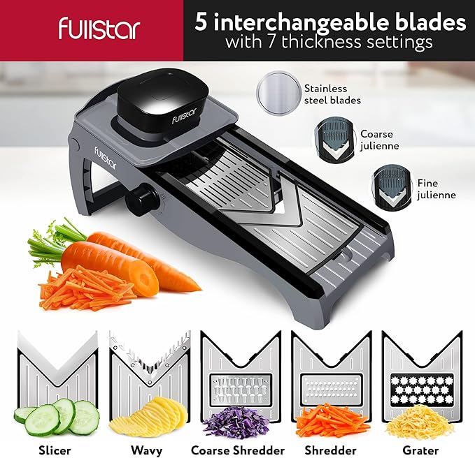 Fullstar Mandoline Slicer for Kitchen – Stainless Steel Vegetable Cutter & Cheese Grater with Adjustable Blades, Safety Glove & Catch Tray Included (7-in-1, Silver)