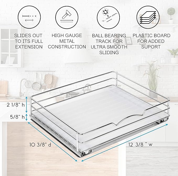 Pull Out Cabinet Organizer for Spices, Cans - Heavy Duty with Lifetime Limited Warranty- Pull Out Spice Rack- Cabinet Pull Out Shelf for Cans,Dishes, Etc, 12-3/8"Wx 10-3/8"D x 2-3/4” H, Chrome