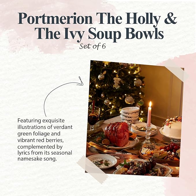 Portmeirion Holly and Ivy 8-Inch Salad Bowls (Set of 6) - Festive Earthenware for Christmas Dining, Ideal for Salads, Sides, Desserts - Microwave, Dishwasher, Freezer Safe - Seasonal Tableware