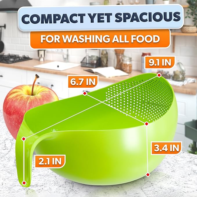 Rice Strainer with Handle - Lightweight Rice Washer Strainer Bowl with Smart Design for Easy Water Draining, Easy to Use & Clean ABS Plastic Colander with Handle for Cereals, Pasta, Vegetables, Fruits