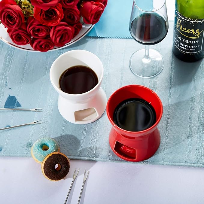 Mudder Fondue Mug Ceramic Pot and 8 Pieces Forks for Melting Chocolate, Cheese, Broth Or Tapas On Valentine‘s Day(Red and White)