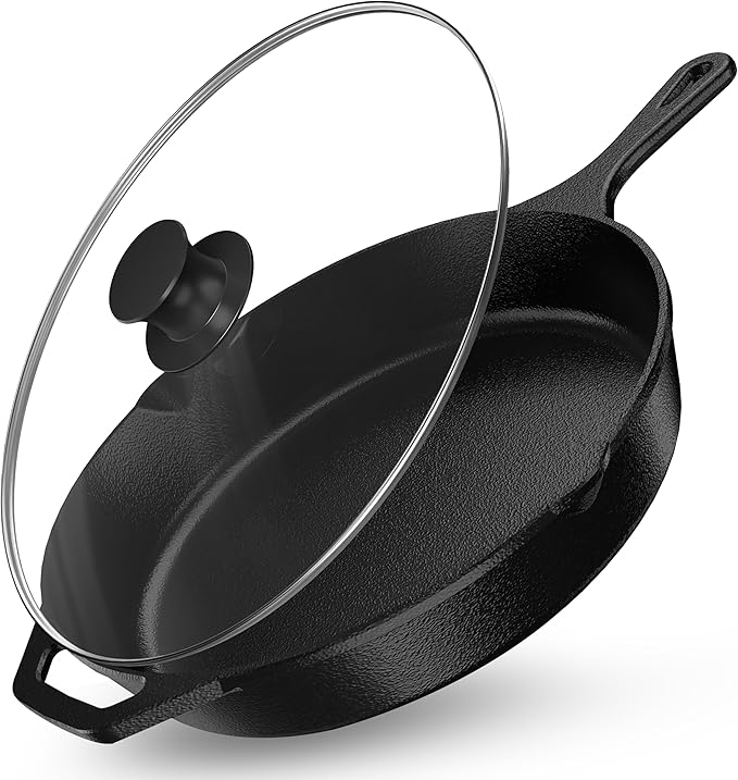 Utopia Kitchen Saute Frying Pan 12 Inch, Cast Iron Chefs Pan, Pre Seasoned Cast iron Skillet With Lid, Safe Grill Cookware for Indoor & Outdoor Use, Black