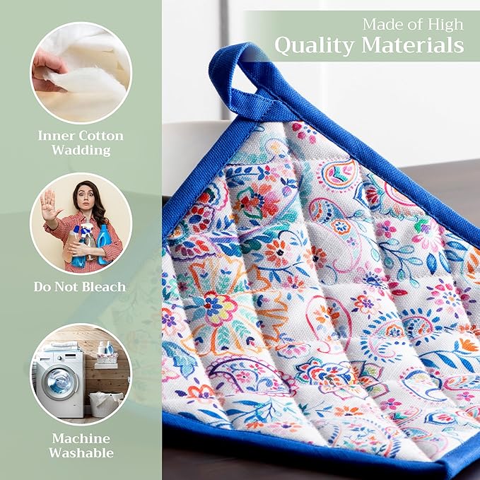 Maison d' Hermine Pot Holders 100% Cotton Heat Resistant Potholders 8" x 8" Hot Pads with Loop BBQ, Cooking, Baking, Grilling, Kitchen, Handling Hot Pans Spring/Summer (Pack of 1, Indian Floral)