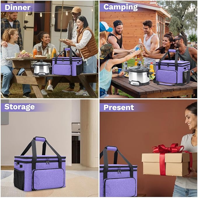 Slow Cooker Carrying Bag, Double Layer Insulated Design Slow Cooker Carrier with Removable Hard Liner and Pot Lid Fastener Fit for 6-8 Quart Crock Pot, Purple