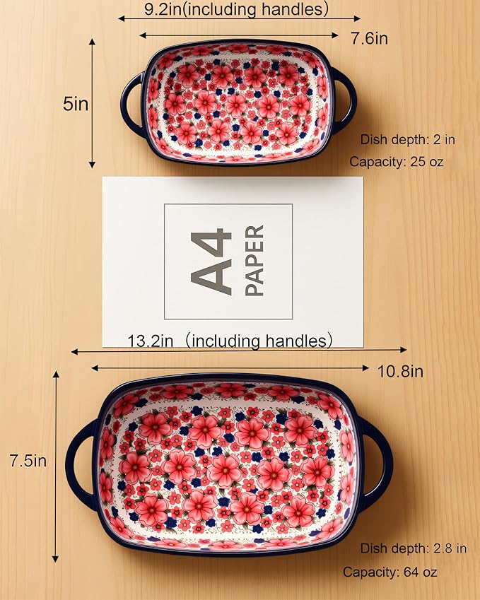 Ceramic Baking Dish Set of 2 – Decorative Polish Pottery Style Casserole Dishes with Handles, Cute Oven-Safe Lasagna Bakeware Gift Set