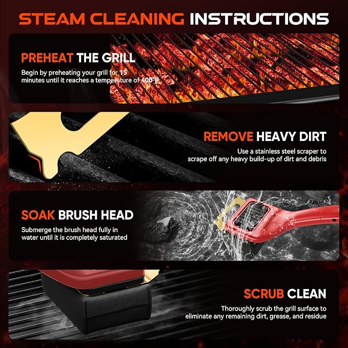 Grill Brush Bristle-Free Steam Cleaning, BBQ Brush Replaceable Heat-Resistant Kevlar Head with Grill Scraper Safe Barbecue Grill Cleaner-Red