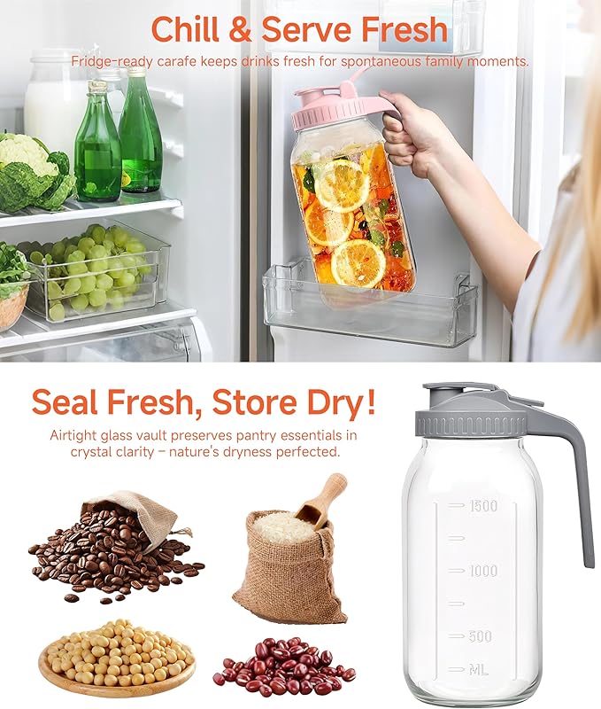 64oz Airtight Glass Pitcher with Lid, 2 Quart Wide Mouth Mason Jar Pitchers for Fridge, Leak-Proof Iced Tea Container,Large Dispenser for Juice,Cold Brew Coffee, Storage and Drinks-2PACK(Green+Pink)