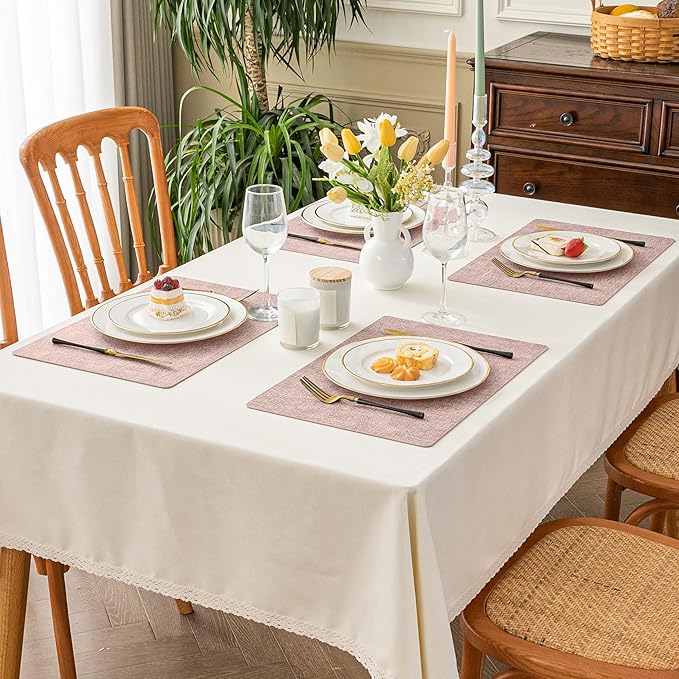 Romanstile Vinyl Placemats Set of 8-12 X 18 Inch - Heat Resistant Place Mats 100% Waterproof Oilproof Wipeable Reversible Faux Leather Table Mats for Kitchen/Dining/Party/Outdoor, Pink