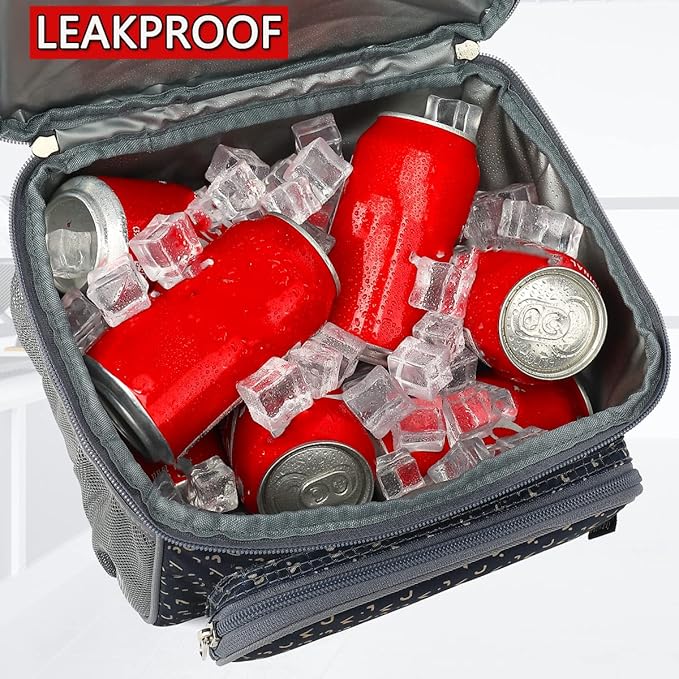 FlowFly Double Layer Cooler Insulated Lunch Bag Adult Lunch Box Large Tote Bag for Men, Women, With Adjustable Strap,Front Pocket and Dual Large Mesh Side Pockets