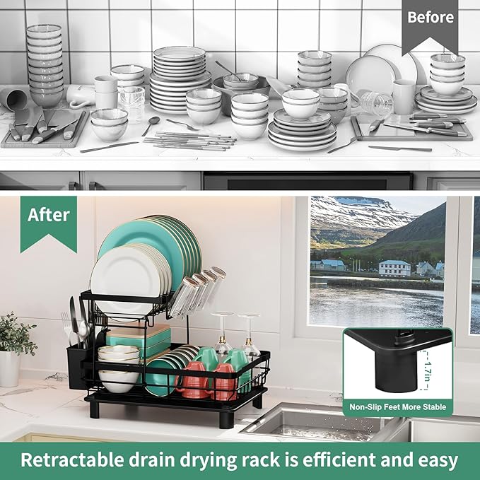 MOUKABAL Dish Drying Rack, 2 Tier Dish Rack, Large Dish Racks for Kitchen Counter, Dish Drainer with Removable Utensil Holder, Drainboard (Black)