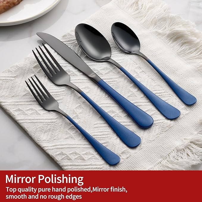 20-Piece Black Silverware Set 18/0 Stainless Steel Flatware Sapphire Blue Handle Cutlery Set Service for 4 Dinner Knives Forks Spoons Set Mirror Finish Dishwasher Safe