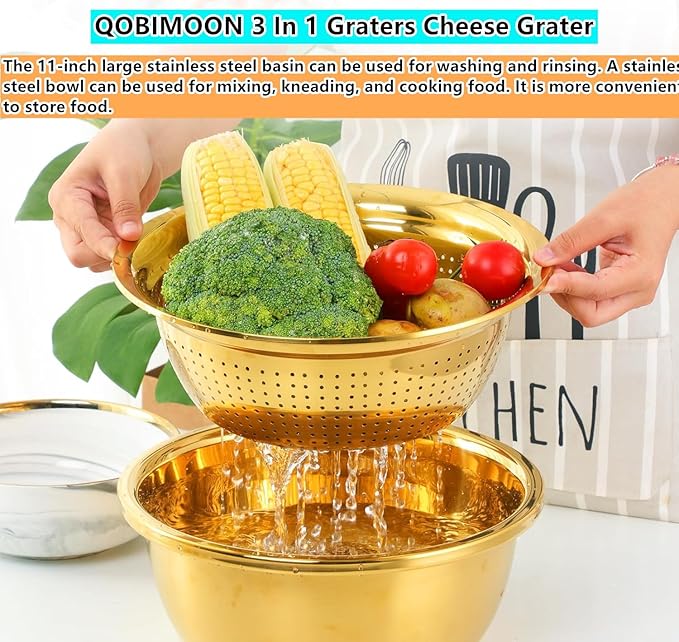 3PC/Set Colander set Stainless Steel Vegetable Slicer Fruit Potato Peeler Carrot Grater Strainer Utensil Round Rice Washer Bowl Drain Basket-Gold