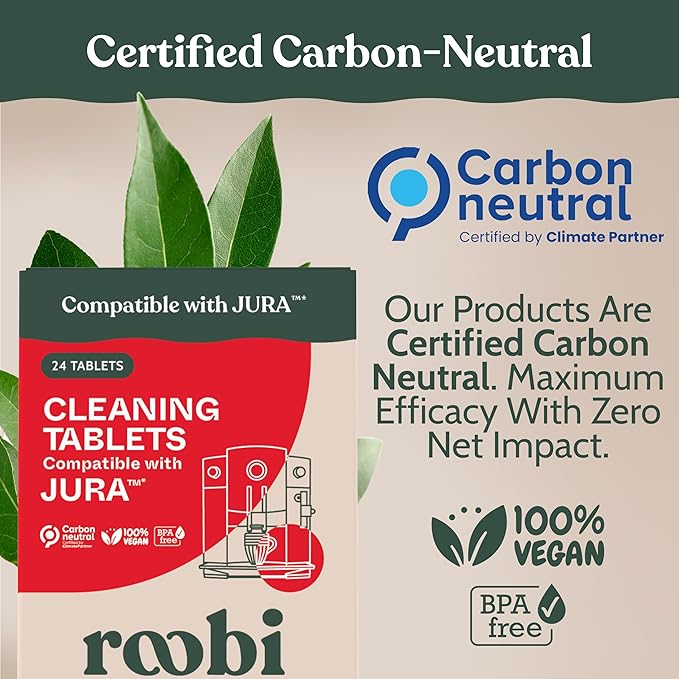 Roobi Compatible Cleaning Tablets for Jura. 24 Jura Cleaning Tablets for Automatic Espresso Coffee Machines. 100% Vegan, Carbon Neutral.