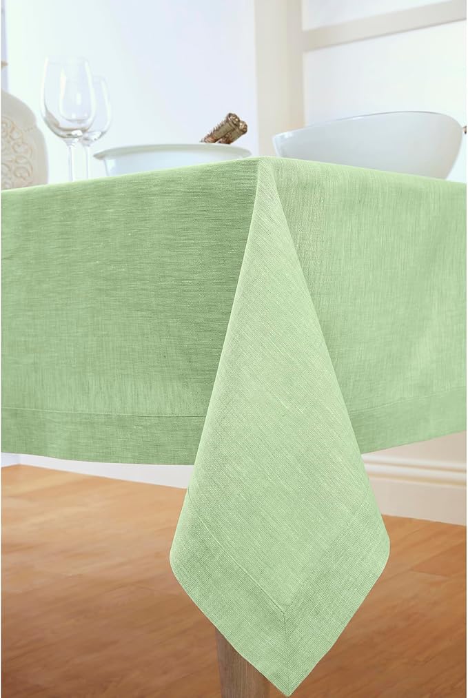 Solino Home Linen Tablecloth 60 x 90 Inch - 100% Pure Linen Chambray Green Table Cloth for Rectangle Tables - Athena, Machine Washable Tablecloth for Summer