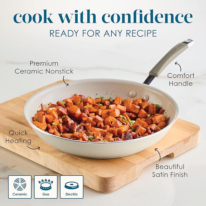 Rachael Ray Cucina Ceramic Nonstick Frying Pan/Skillet, 12.5 Inch Non Stick Open Fry Pan, Dishwasher Safe - Almond