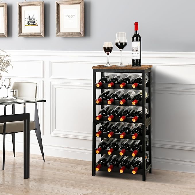 VASMIA Wine Rack Freestanding Floor, 6 Tier Bamboo Wine Storage Shelves with Table Top, 24-Botttle Wine Rack Shelf for Kitchen Bar Dining Room Living Room, Rustic Brown and Black
