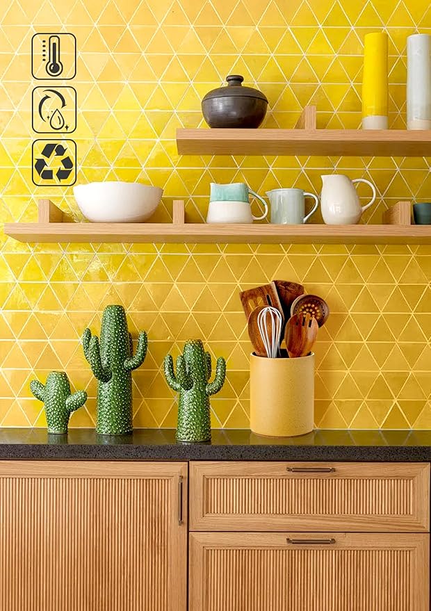 Nucookery Utensil Holder, 6.4" Ceramic Kitchen Utensil Holder for Countertop with Protection Cork Bottom, Vintage Farmhouse Kitchen Decor for Counter (Yellow Sand)