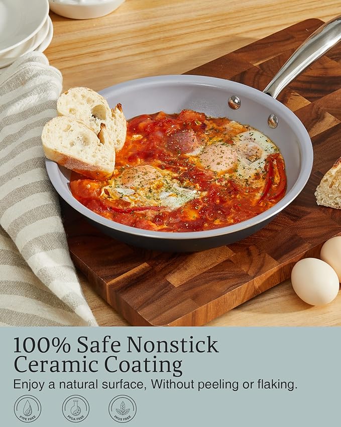 KITEXPERT Non Stick Frying Pans, Titanium Ceramic Skillet Set for Cooking, 8" 9.5" 11" Non Toxic Ceramic Pans with Stay Cool Handle, PFAS & PTFE & PFOA Free, Dishwasher and Oven Safe, Grey