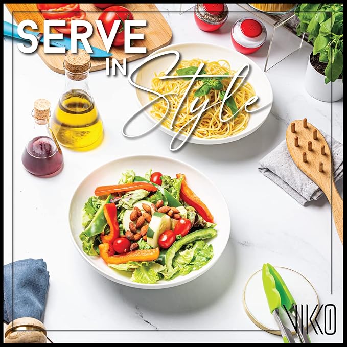 Vikko Pasta Bowls, 8.5 Inch Salad Bowls, White Soup Bowls, Fine Bone China Pasta Bowls, Set of 4, Microwave and Dishwasher Safe