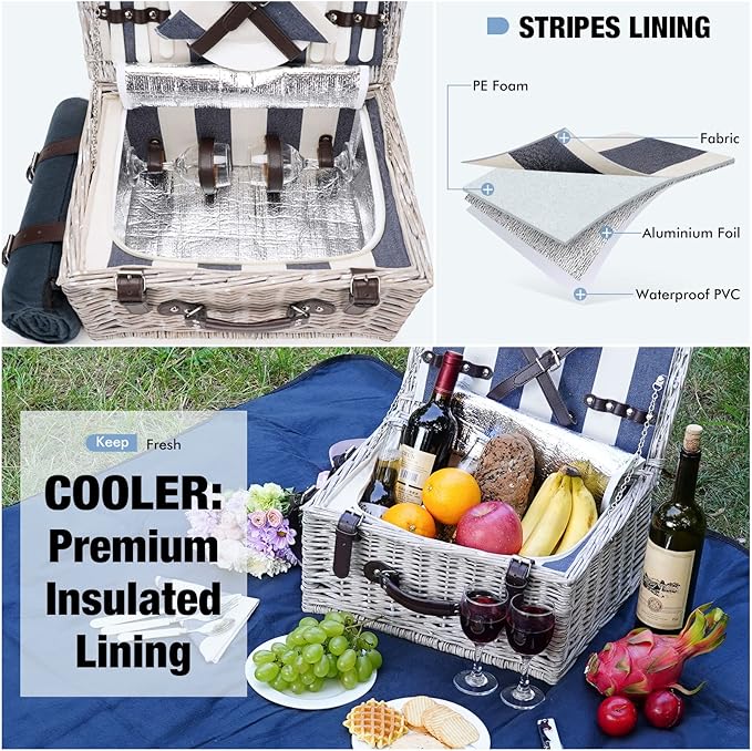 Picnic Basket Sets for 2 Persons with Insulation Cooler,Waterproof Picnic Blanket, Tableware for Family,Party,Outdoor Living,Camping Gift