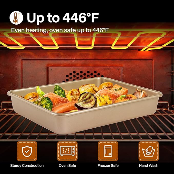 Rectangle Cake Pan, 9x11 Baking Pan, Deep Bread Pan Nonstick, Toaster Oven Tray Bakeware for Brownies, Heavy Duty, 11x9x2 Inch, Pack of 2, Gold, Easy Release