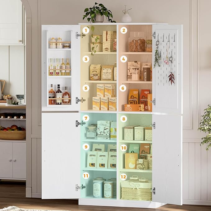 IRONCK 71" Kitchen Pantry Storage Cabinet with Storage Rack, Pegboard Doors, 4 Adjustable Shelves, Food Pantry Cabinet, Freestanding Tall Cupboard for Dining Room, Kitchen, White