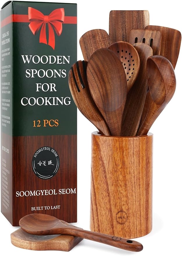 Wooden Spoons for Cooking – 12-Piece Teak Wood Utensil Set with Large Spoon Holder, Spoon Rest & 2 Spurtles – Non-Stick, Heat Resistant, Comfortable Grip Kitchen Tools