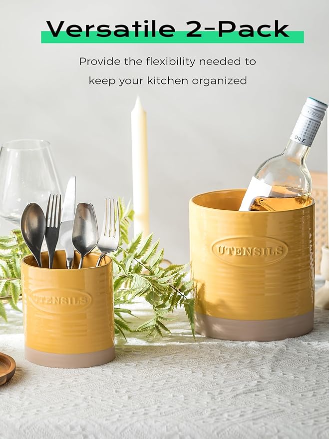 YHOSSEUN Kitchen Utensil Holder Set of 2, Ceramic Utensil Holder for Kitchen Counter, 6.7"+5.1" Cooking Utensil Crocks for Spatula, Oval Opening, Yellow