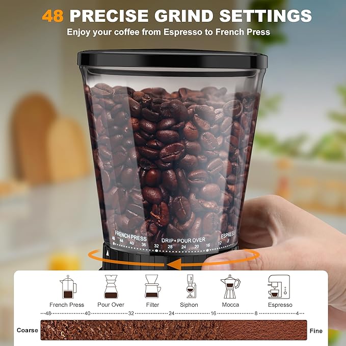 Conical Burr Espresso Coffee Grinder Electric, Coffee Bean Grinder for Home Use Upgraded 48 Grind Settings, 35s Precision Timer, Anti-Static for Pour Over/Drip/French Press, Stainless Steel Black
