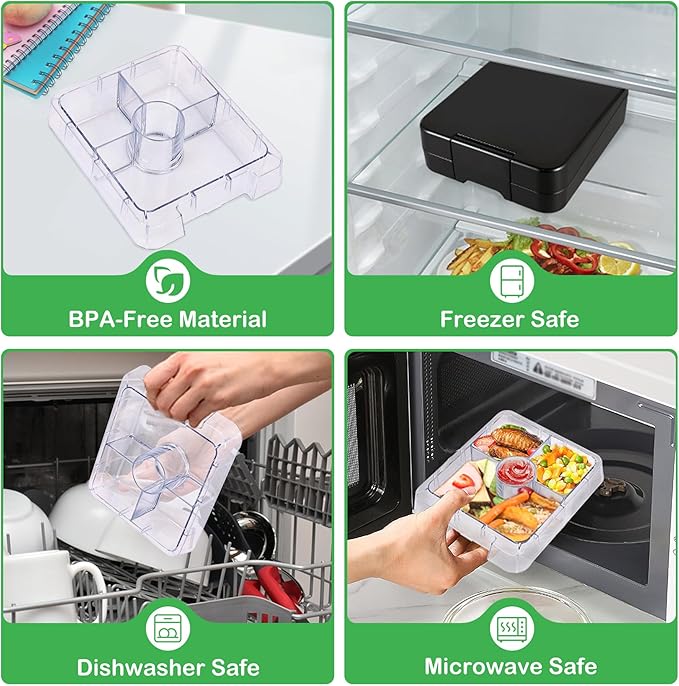 Bento Lunch Box Set With 10oz Soup Thermo, Leak-proof Lunch Containers with 4 Compartment, Kids Hot Thermo Food Jar/Insulation Lunch Bag, Food Containers for School (Black)