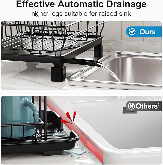 GSlife Small Dish Drying Rack - Dish Racks for RV Small Kitchen Counter, Space-Saving Dish Drainer with Drainboard, Utensil Holder, Dish Holder for Sink, 15" D x 10" L, Black