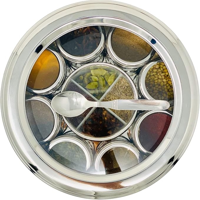 spice dabba Stainless Steel Indian Spice Box,Steel Masala Dabba 12 Spices,Lid Spice Box,Authentic Spices,Masala Box with Individual containers|Size 9 x 9 x 3 IN 3 LB (Indian Spice Box with Spices)