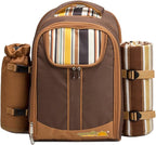 apollo walker Picnic Backpack Bag for 2 Person with Cooler Compartment, Detachable Bottle/Wine Holder, Fleece Blanket, Plates and Cutlery(2 Person, Brown)