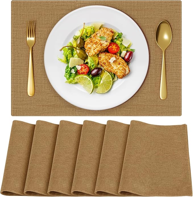 Cloth Placemats, Set of 6 Heat-Resistant Cotton Linen Blend Double Layered Machine Washable Place Mats, Wrinkle Free Thick Fabric Dining Table Mats for Indoors & Outdoors (Natural Linen, 6)
