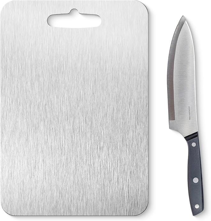Titanium Cutting Boards and Stainless Steel Knifes for Kitchen, Upgrade Double Sided Food-Grade Titanium Board and Knife set for Meats, Fruits, & Vegetables.