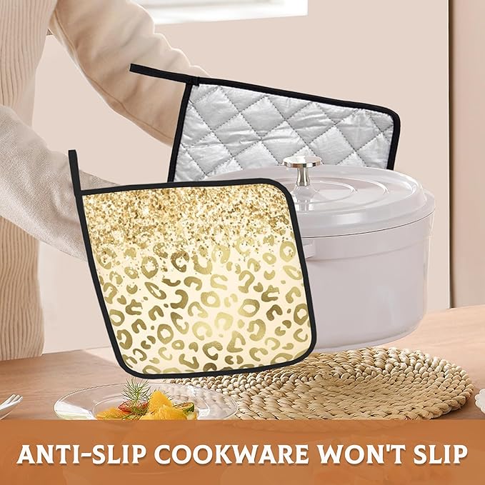 Yellow Leopard Pot Holder Set of 2,Sparkling Glitter Kitchen Heat Resistant Potholder for Women Men BBQ Cooking Baking