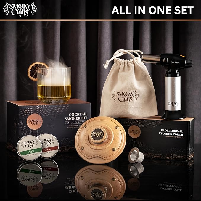 Cocktail Smoker Kit with Torch - Whiskey Smoker Kit comes with Saturn-Shaped Smoke Infuser, Culinary Torch, Cotton Bag and Wood Chips (Apple & Cherry) - Gifts for Men (Without Butane)