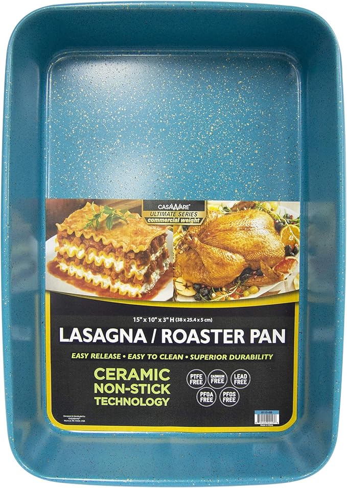 casaWare 15 x 10 x 3-Inch Ultimate Series Commercial Weight Ceramic Coated Non-Stick Lasagna/Roasting Pan (Blue Granite)