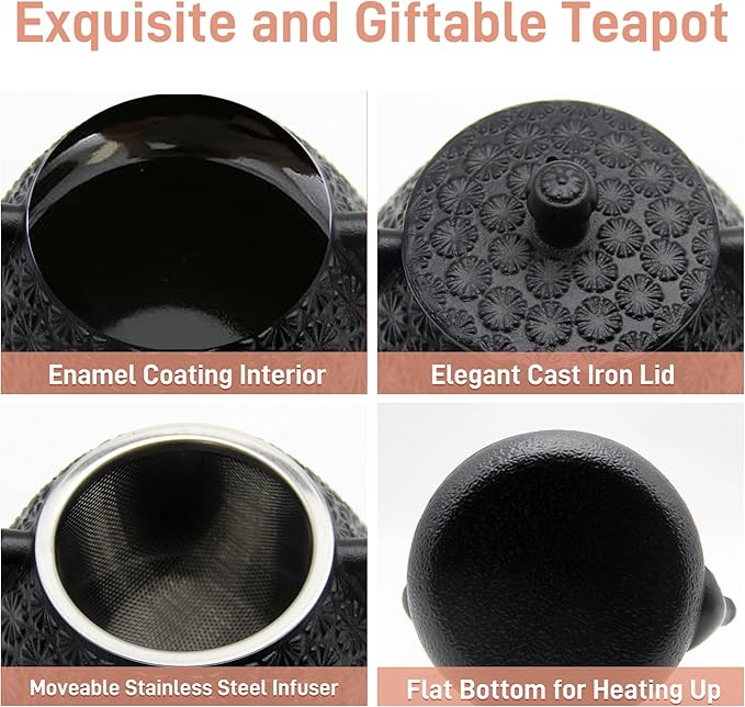 20.3oz Small Cast Iron Teapot, SECHUDO Tea Kettle for Stovetop Safe Coated with Enameled Interior, Japanese Style Tea Pot with Stainless Steel Infuser for Loose Tea (Black Gerbera Pattern)