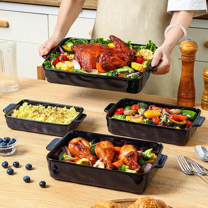 VICRAYS Ceramic Bakeware Set, Porcelain Rectangular Lasagna Pans Casserole Dish Set for Baking, Cooking, Kitchen, Cake Dinner, Banquet and Daily Use, 4 PCS, Blue(9.52"/11.06"/11.77"/14.56")