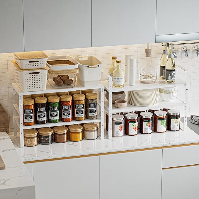 Expandable,Stackable Spice Rack,Seasoning Organizer and Storage,Spices Jar Racks for Cabinet,Countertop, Metal Pantry, Cupboard,Laundry Storages,Heavy Duty(1 PACK/MEDIUM/WHITE)