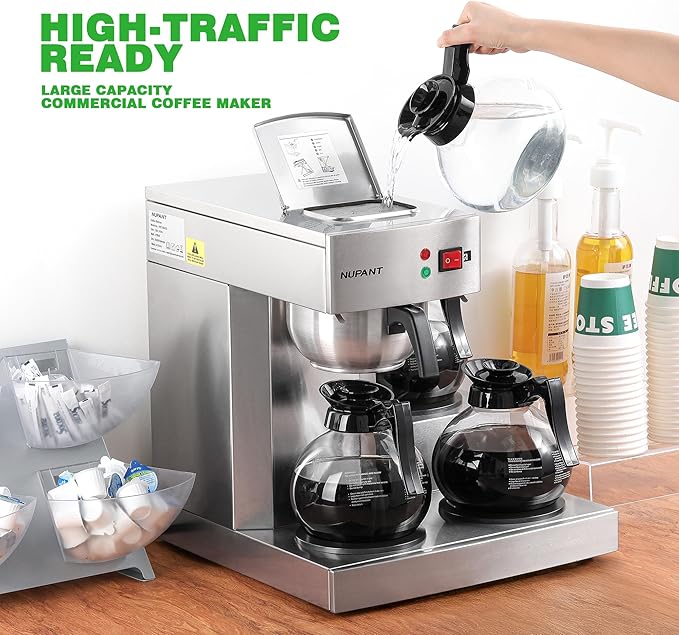 12 Cup Commercial Coffee Maker, Manual Filling Drip Coffee Maker Machine with 3 Glass Carafes 3 Warmers, Stainless Steel Pour Over Coffee Brewer with Hot Water Supply for Restaurant Office Cafe