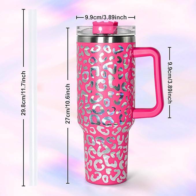 sweet grain 40 oz Tumbler with Handle and Straw - Cheetah Print Stainless Steel Insulated Tumblers, Cupholder Friendly, Perfect Leopard Tumbler Gifts for Women Men - Rose Red