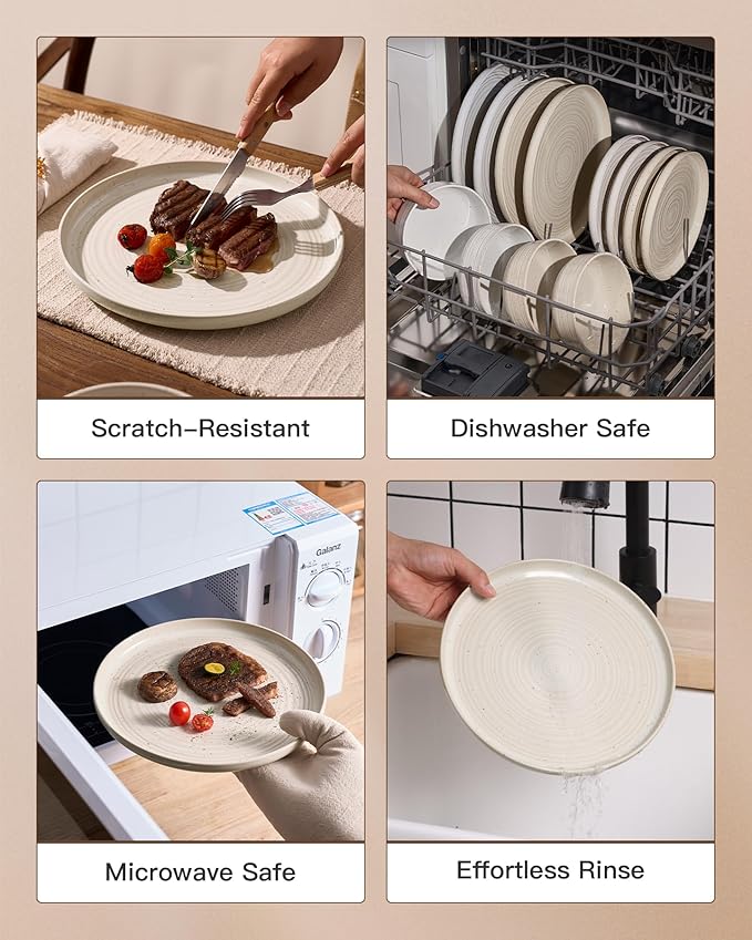 Plates and Bowls Sets for 6, Famiware Premium 18-Piece Stoneware Dinnerware Set, Spiral Flared Dish Set with Speckles & Reactive Glaze - Microwave & Dishwasher Safe Tableware, Shell Beige