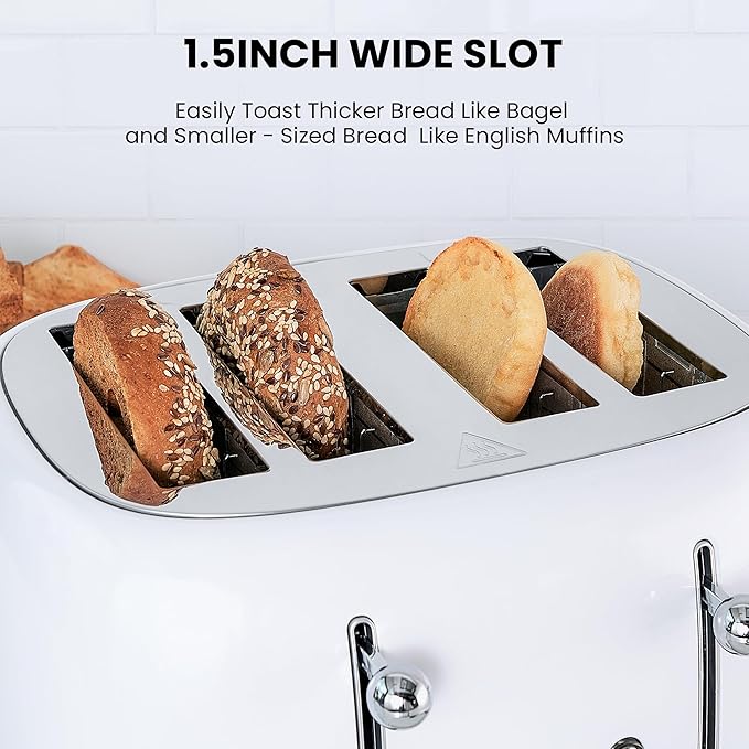 Roter Mond 4 Slice Toaster Retro Stainless Steel with Bagel Defrost Cancel Function, 6 Browning Settings, Extre Wide Slot and Removable Crumb Tray, White, ST033